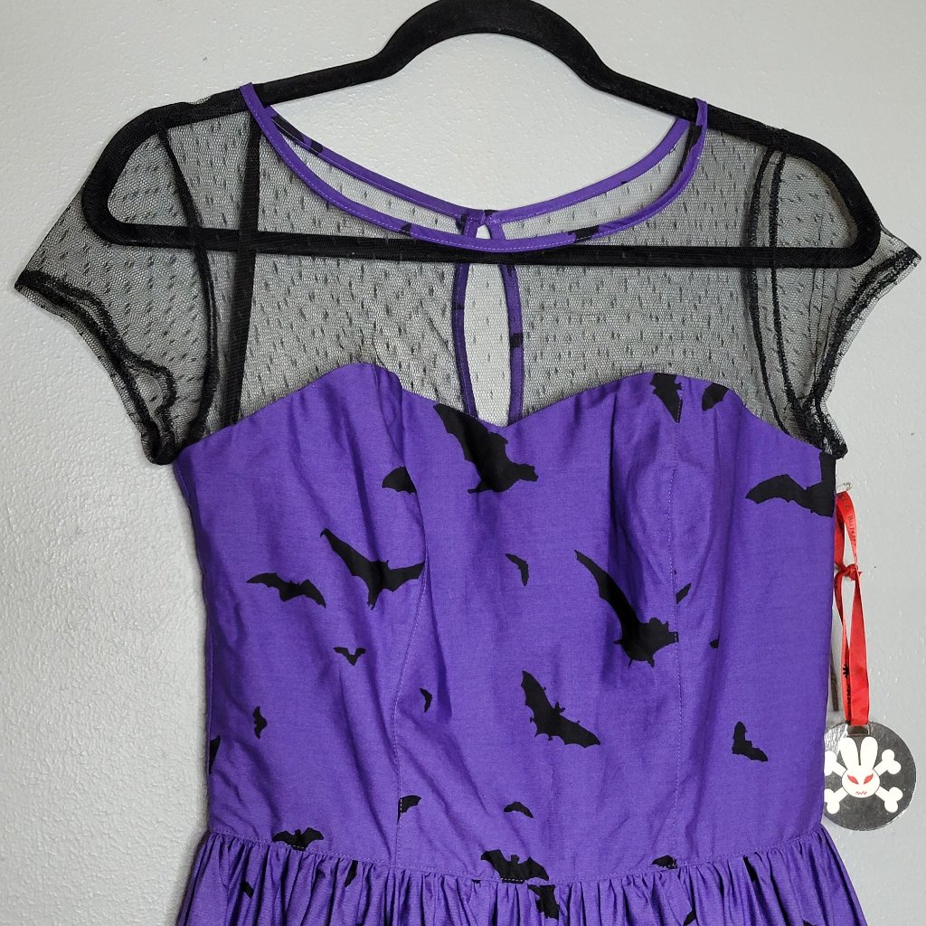 Purple Rockabilly Goth Punk Halloween Dress Bats Haunted House Print Sheer Mesh — image 4 of 8